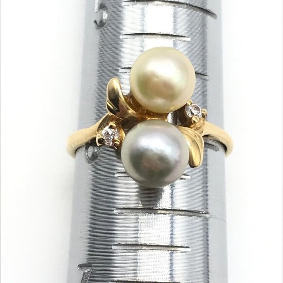 14k Solid Yellow Gold Double Pearl Diamond Accent Band Ring Size 6 - Picture 3 of 6